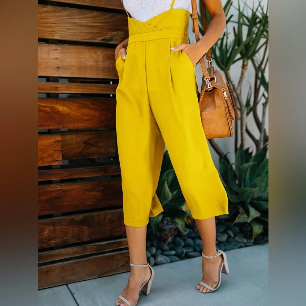 Imysty,Spaghetti Strap Jumpsuit,Wide Leg Over-all,Romper,Pants,Pockets, Size S